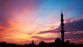 AI generated a mosque silhouette against a colorful sky, symbolizing the importance of prayer during Ramadan photo
