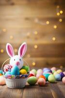 AI generated Adorable bunny ears and a basket of Easter eggs on a wooden table with copy space photo