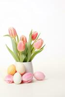 AI generated A simple yet elegant arrangement of Easter eggs and tulips on a white background with copy space photo