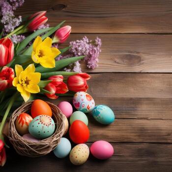 ai generado un vistoso Pascua de Resurrección huevo y flor arreglo en un Clásico de madera antecedentes foto