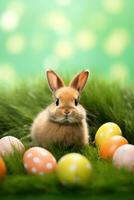 AI generated A cute bunny sitting on a bed of green grass with a basket of Easter eggs and copy space for text photo