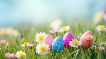 AI generated Spring flowers and Easter eggs in a green grass field with copy space photo