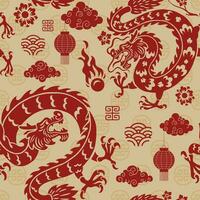 Seamless Pattern of Red Asian Dragon and Element vector