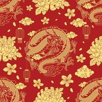 Seamless Pattern of Gold Dragon with Chrysanthemum Flower and Asian Element vector