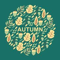 Greeting card with autumn elements made in circle and background color. vector