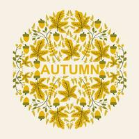 Greeting card with autumn elements made in circle and background color. vector