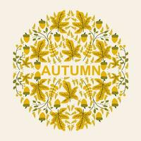 Greeting card with autumn elements made in circle and background color. vector