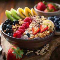 ai generado un sano desayuno cuenco lleno con vistoso frutas y granos foto