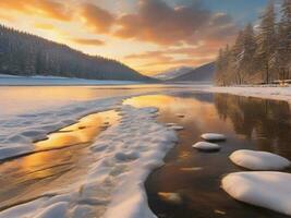 ai generado escénico ver de congelado lago en contra cielo durante invierno foto