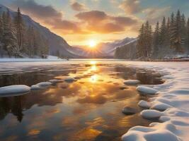 AI generated Scenic View Of Frozen Lake Against Sky During Winter photo