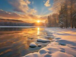 AI generated Scenic View Of Frozen Lake Against Sky During Winter photo