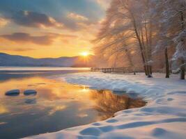 AI generated Scenic View Of Frozen Lake Against Sky During Winter photo