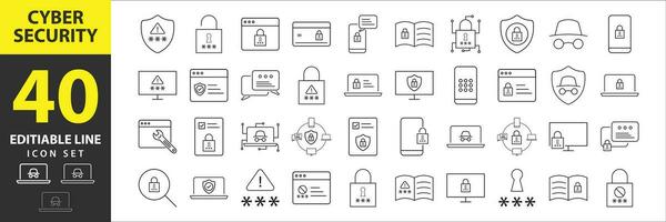 Comprehensive Set of 40 Cyber Security Editable Stroke Icons Data Protection, Spam, Antivirus, Password, Privacy, and More - Vector Illustration for Web Security