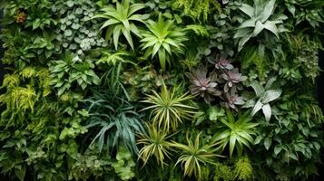 ai generado cubierto de plantas muro, con varios planta especies arreglado en un hermosa modelo. foto