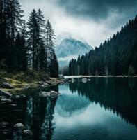 AI generated a lake in the mountains with trees in the background, photo