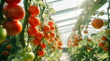 AI generated tomatoes grow in an enclosed greenhouse photo