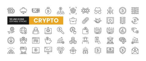 Set of 50 Cryptocurrency line icons set. Cryptocurrency outline icons with editable stroke collection. Includes Bitcoin, Blockchain, Hacker, Mining, Exchange, and More. vector