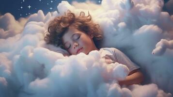 ai generado un pequeño chico dormido en el nubes foto