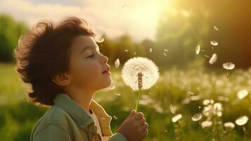 AI generated a young boy blowing on a dandelion photo