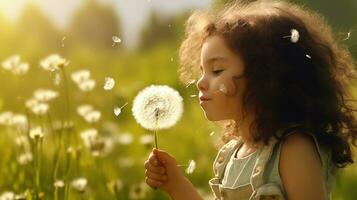 AI generated a little girl blowing on a dandelion photo