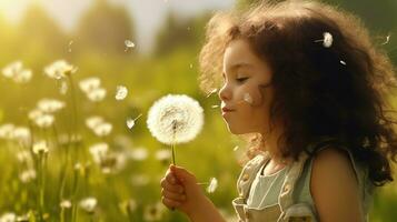 ai generado un pequeño niña soplo en un diente de león foto