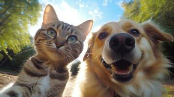 ai generado un gato y perro son tomando un selfie juntos foto