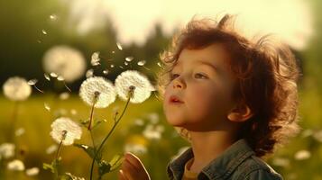 AI generated a young boy blowing on a dandelion photo