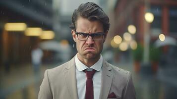 ai generado un hombre en un traje y Corbata es haciendo un enojado cara foto