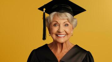 ai generado un más viejo mujer vistiendo un graduación gorra y vestido foto