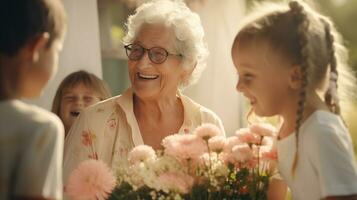 ai generado un más viejo mujer es participación flores y sonriente con niños foto