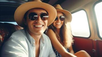 AI generated a couple in hats and sunglasses are sitting in a car photo