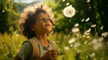 ai generado un joven chico es soplo diente de león en el aire foto