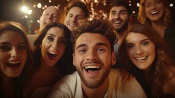 ai generado un grupo de personas sonriente y tomando un selfie foto