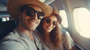 AI generated a man and woman in sunglasses are taking a selfie on an airplane photo