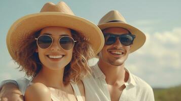 AI generated a man and woman wearing hats and sunglasses photo