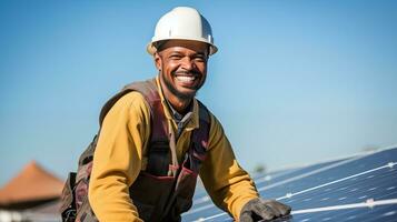 AI generated a smiling man in a hard hat and safety vest standing on a solar panel photo