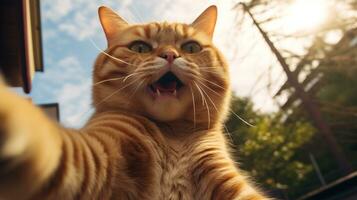 ai generado un gato es tomando un selfie con sus boca abierto foto