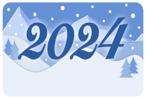 Happy new year 2024, mountain and sea in winter landscape PNG illustration.