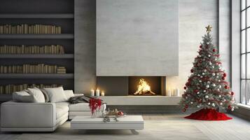 AI generated Christmas tree in modern living room with fireplace minimalist Scandinavian style of interior photo