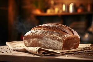 AI generated Rye Bread on wooden table against backdrop of a blurred kitchen. Freshly baked loaf of rye bread with crispy crust. Made from organic whole grain rye flour. For bakery, food blog photo