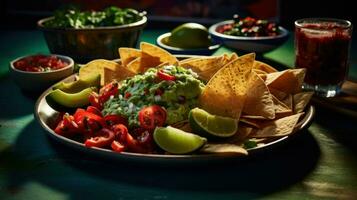 AI generated Guacamole. Snack made from avocado pulp with tomatoes, cilantro, vegetables, lime and spices. Traditional Mexican dish. On dark background. For food blog, restaurant, cafe, menu, cookbook photo