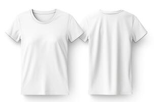 ai generado Bosquejo para diseño. blanco t camisas frente y espalda para diseño. aislado en blanco antecedentes. con Copiar espacio. disposición, modelo para diseño. ropa almacenar, revista, folleto, póster foto