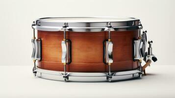 AI generated A wooden snare drum with metal hardware isolated on a white background, perfect for music-related projects photo