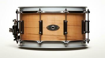 AI generated Close-up view of a wooden snare drum with metal hardware, ideal for use in music-themed designs. Isolated on a white background. photo