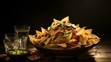 ai generado cuenco de nachos en de madera mesa en oscuro antecedentes. bocadillo de maíz tortilla papas fritas con varios aditivos tradicional mexicano plato. ideal para restaurante menú foto