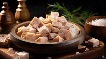 AI generated Salted pork lard, traditional dish of Ukrainian cuisine. Salo. Close up of sliced pork belly served on wooden cutting board. On dark background. Ideal for restaurant menu, food blog photo