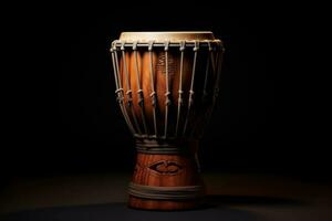ai generado djembe tambor en negro antecedentes. tradicional percusión musical instrumento de africano cultura. adecuado para musical diseño, artículo, Blog, social medios de comunicación correo, álbum foto