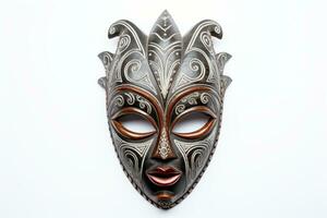 AI generated Carnival mask for the festival. African ethnic ritual mask isolated on white background. Wooden Tribal Mask of warrior with carved ornaments. Traditions and customs of Africa photo