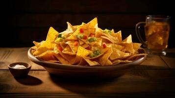 AI generated Bowl of nachos on wooden table on dark background. Snack of corn tortilla chips with various additives. Traditional Mexican dish. Ideal for restaurant menu, food blog, cookbook, bar photo