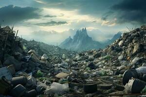 AI generated Large pile of garbage and discarded items under a stormy sky. A landfill with cans, bottles, and other trash. Ideal for waste management, environmental or pollution-related content photo